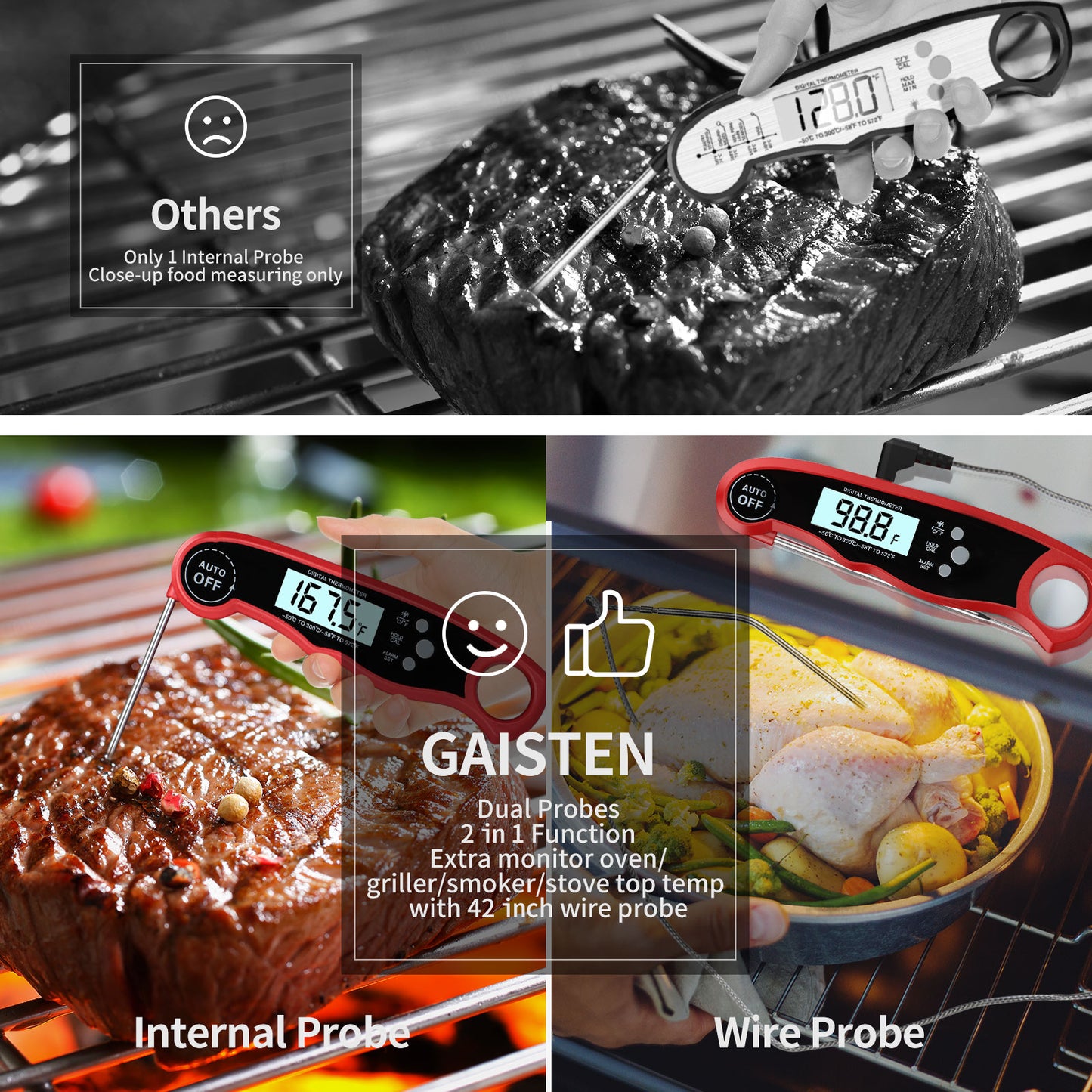 GAISTEN Meat Thermometer Digital Food Thermometer Oven Grilling Safe Dual  Pro
